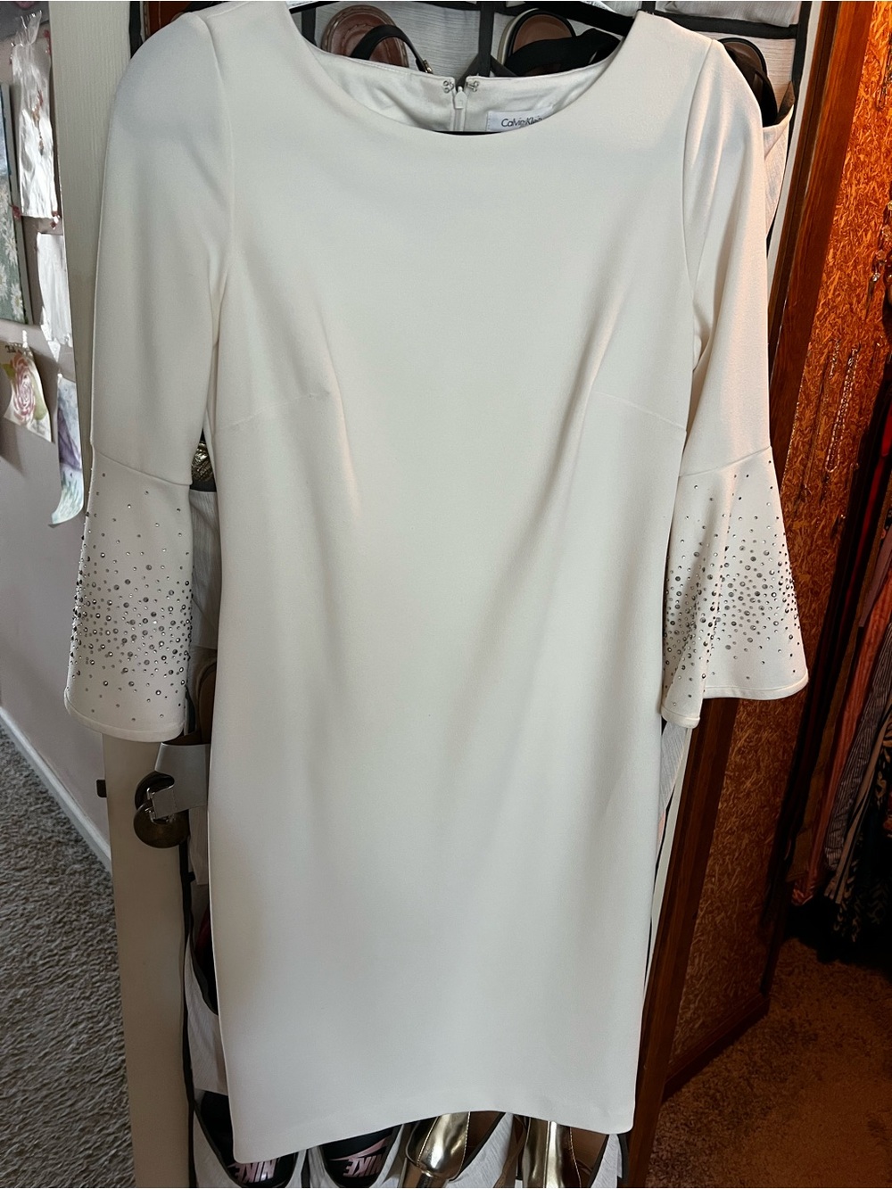 Calvin Klein Cream Bell-Sleeve Midi Dress with Stud Detail
